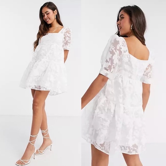 Fashion UnionSquare Neck sheer smock white floral lace Mini dress neck Size 8 - Picture 1 of 14